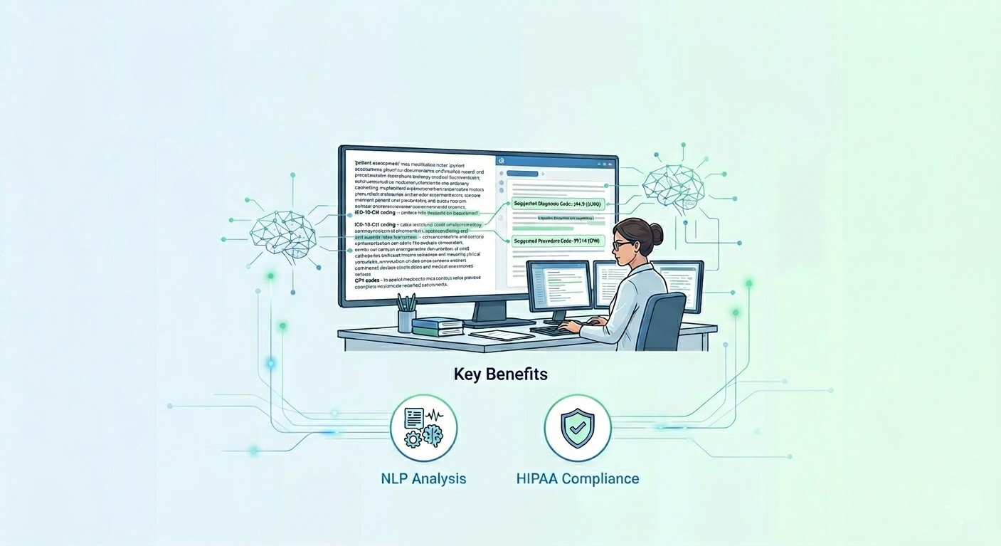 Health Coder AI reviewing clinical notes for ICD-10-CM and CPT compliance checks